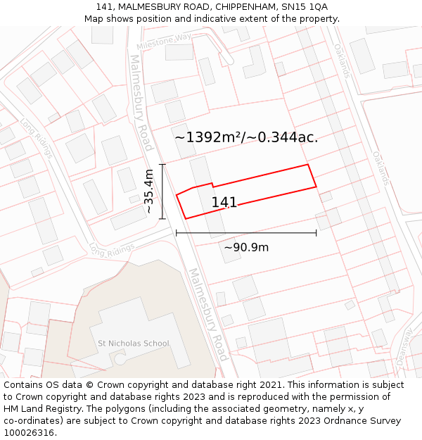 141, MALMESBURY ROAD, CHIPPENHAM, SN15 1QA: Plot and title map