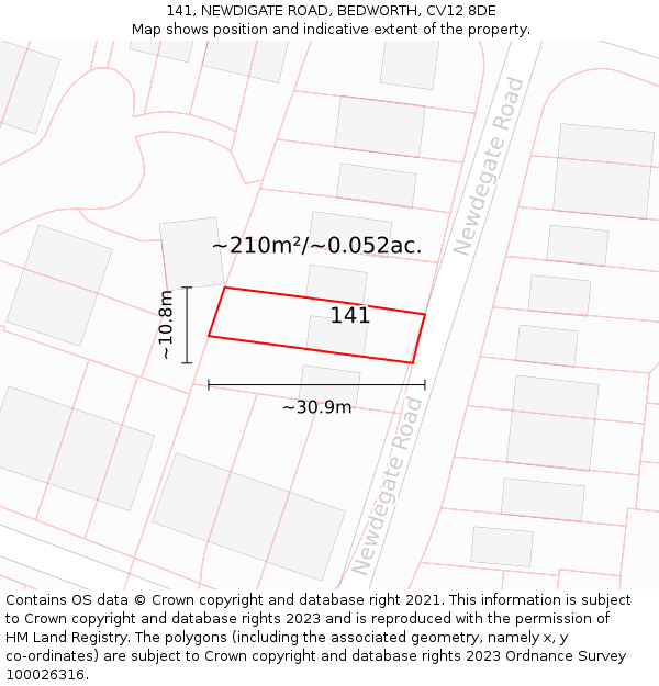 141, NEWDIGATE ROAD, BEDWORTH, CV12 8DE: Plot and title map