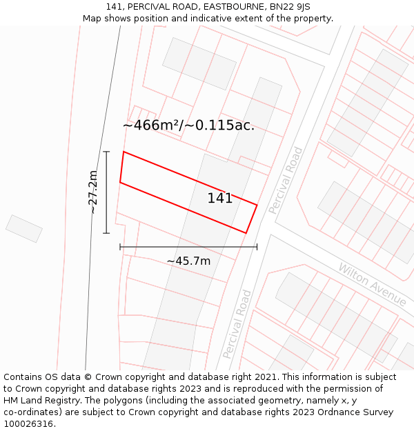 141, PERCIVAL ROAD, EASTBOURNE, BN22 9JS: Plot and title map