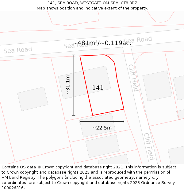 141, SEA ROAD, WESTGATE-ON-SEA, CT8 8PZ: Plot and title map