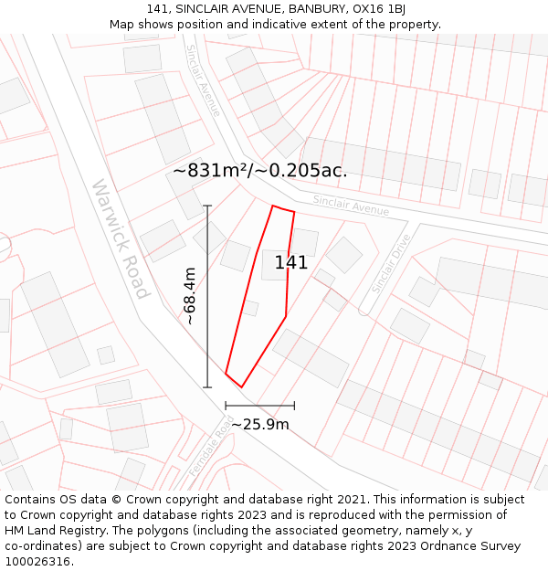 141, SINCLAIR AVENUE, BANBURY, OX16 1BJ: Plot and title map