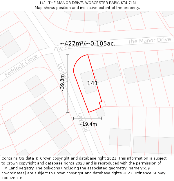 141, THE MANOR DRIVE, WORCESTER PARK, KT4 7LN: Plot and title map