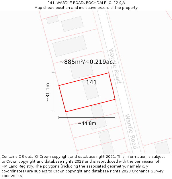 141, WARDLE ROAD, ROCHDALE, OL12 9JA: Plot and title map