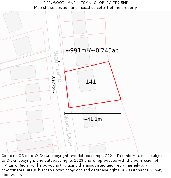 141, WOOD LANE, HESKIN, CHORLEY, PR7 5NP: Plot and title map