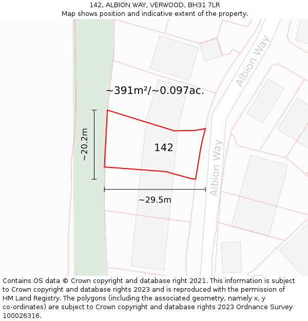 142, ALBION WAY, VERWOOD, BH31 7LR: Plot and title map