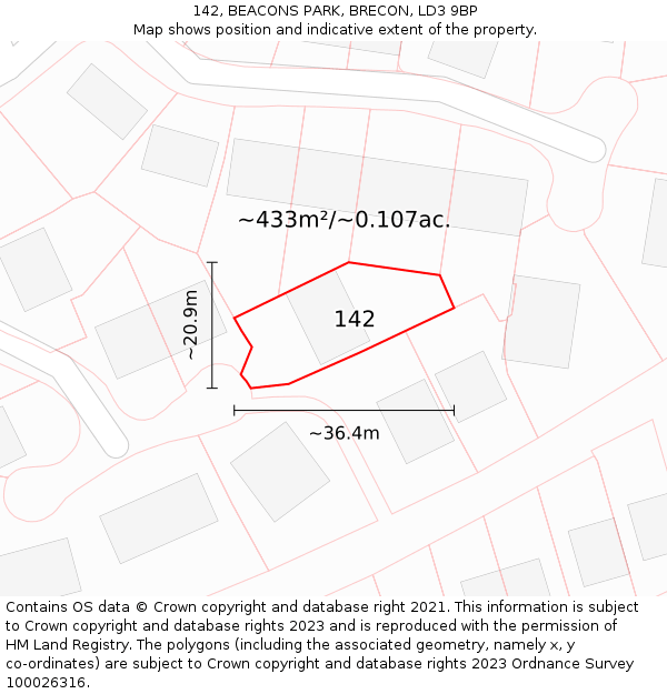 142, BEACONS PARK, BRECON, LD3 9BP: Plot and title map