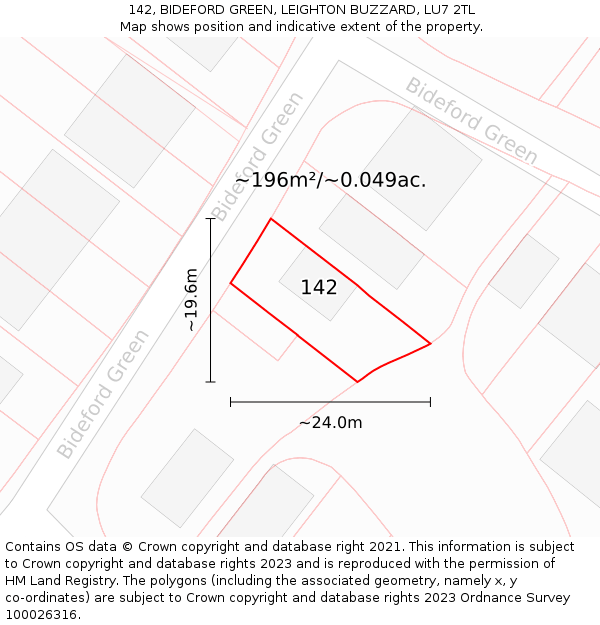 142, BIDEFORD GREEN, LEIGHTON BUZZARD, LU7 2TL: Plot and title map