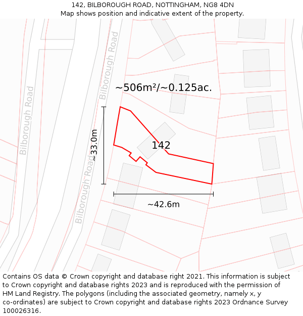 142, BILBOROUGH ROAD, NOTTINGHAM, NG8 4DN: Plot and title map