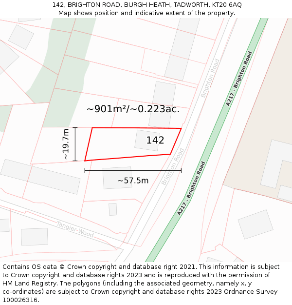 142, BRIGHTON ROAD, BURGH HEATH, TADWORTH, KT20 6AQ: Plot and title map