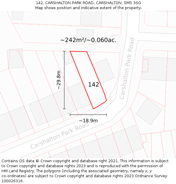 142, CARSHALTON PARK ROAD, CARSHALTON, SM5 3SG: Plot and title map