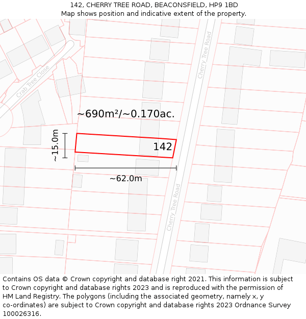 142, CHERRY TREE ROAD, BEACONSFIELD, HP9 1BD: Plot and title map