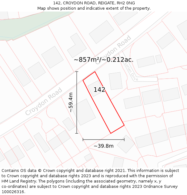 142, CROYDON ROAD, REIGATE, RH2 0NG: Plot and title map