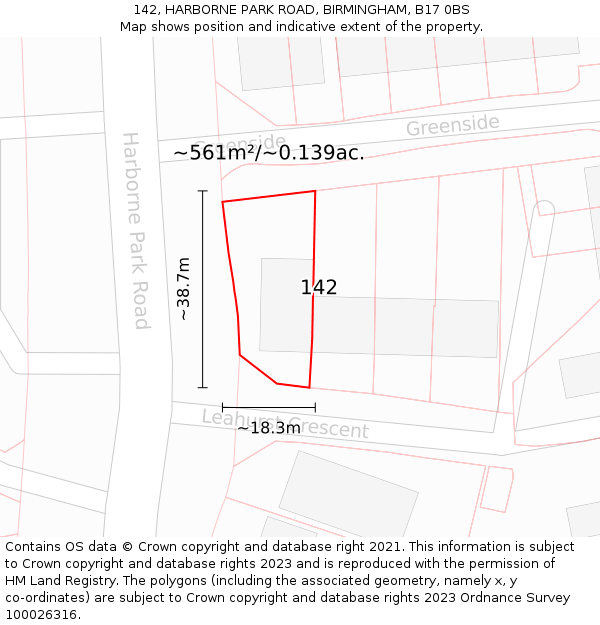 142, HARBORNE PARK ROAD, BIRMINGHAM, B17 0BS: Plot and title map