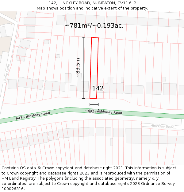 142, HINCKLEY ROAD, NUNEATON, CV11 6LP: Plot and title map