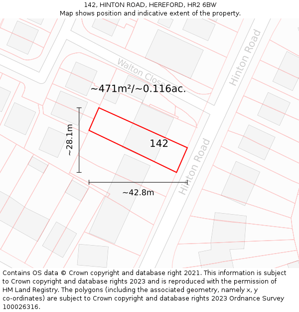 142, HINTON ROAD, HEREFORD, HR2 6BW: Plot and title map