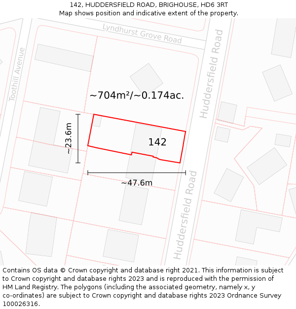 142, HUDDERSFIELD ROAD, BRIGHOUSE, HD6 3RT: Plot and title map