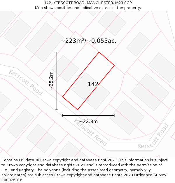 142, KERSCOTT ROAD, MANCHESTER, M23 0GP: Plot and title map