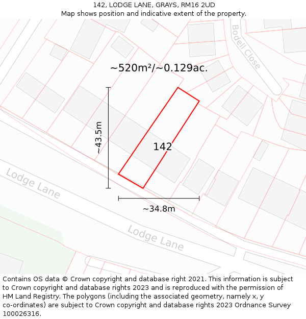 142, LODGE LANE, GRAYS, RM16 2UD: Plot and title map