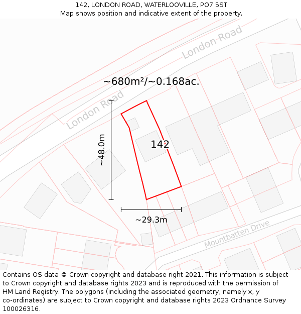 142, LONDON ROAD, WATERLOOVILLE, PO7 5ST: Plot and title map