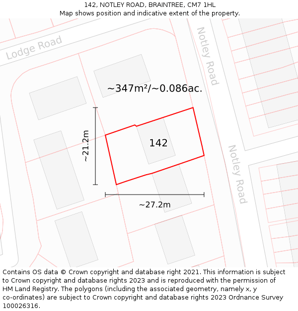 142, NOTLEY ROAD, BRAINTREE, CM7 1HL: Plot and title map