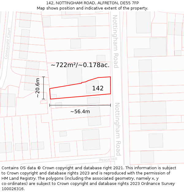 142, NOTTINGHAM ROAD, ALFRETON, DE55 7FP: Plot and title map