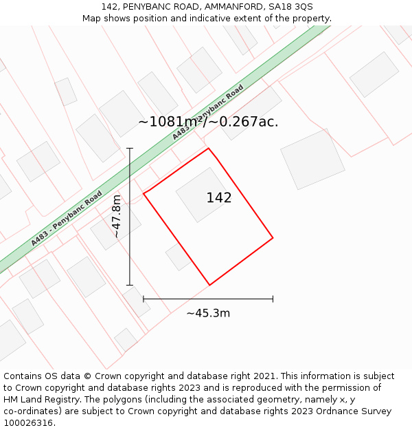 142, PENYBANC ROAD, AMMANFORD, SA18 3QS: Plot and title map