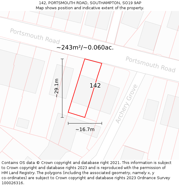 142, PORTSMOUTH ROAD, SOUTHAMPTON, SO19 9AP: Plot and title map