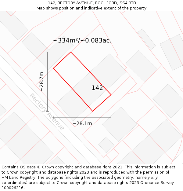 142, RECTORY AVENUE, ROCHFORD, SS4 3TB: Plot and title map