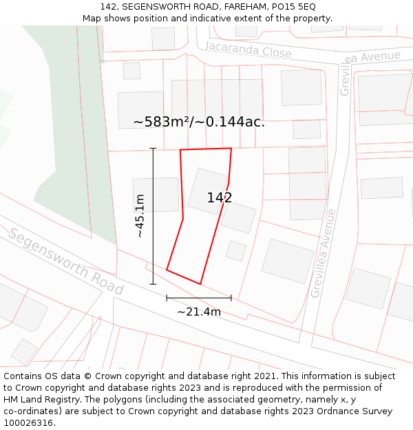 142, SEGENSWORTH ROAD, FAREHAM, PO15 5EQ: Plot and title map