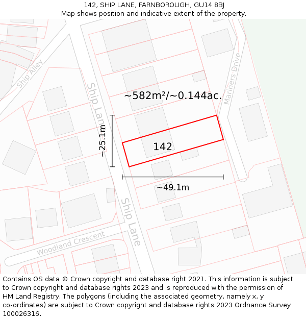 142, SHIP LANE, FARNBOROUGH, GU14 8BJ: Plot and title map