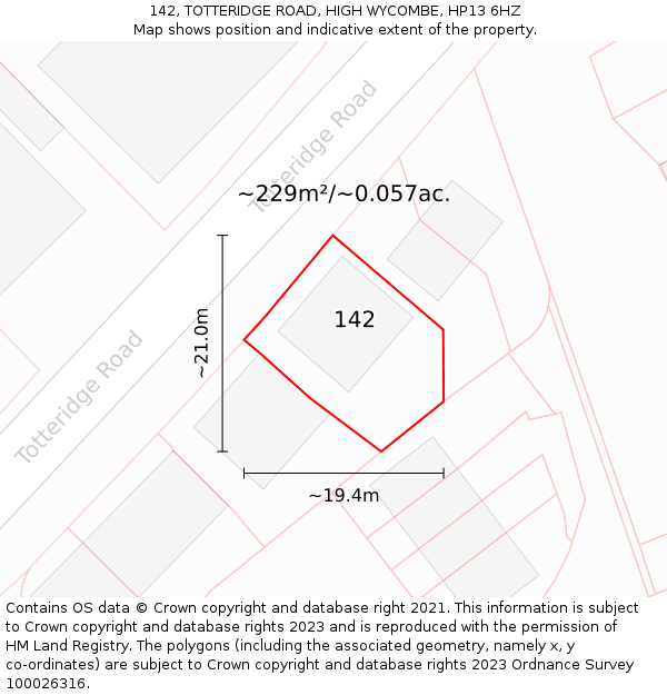 142, TOTTERIDGE ROAD, HIGH WYCOMBE, HP13 6HZ: Plot and title map