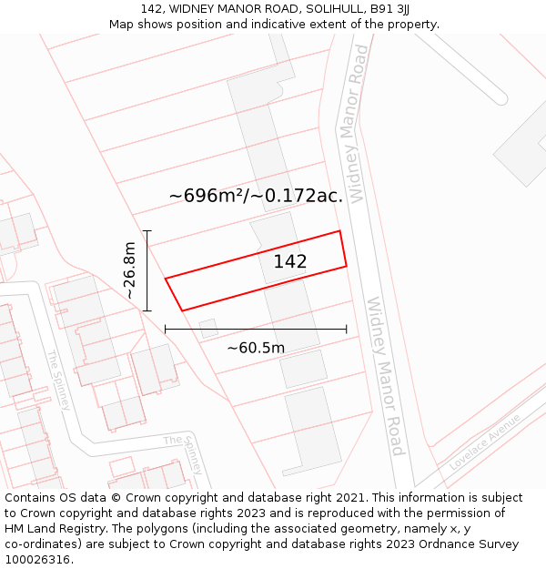 142, WIDNEY MANOR ROAD, SOLIHULL, B91 3JJ: Plot and title map