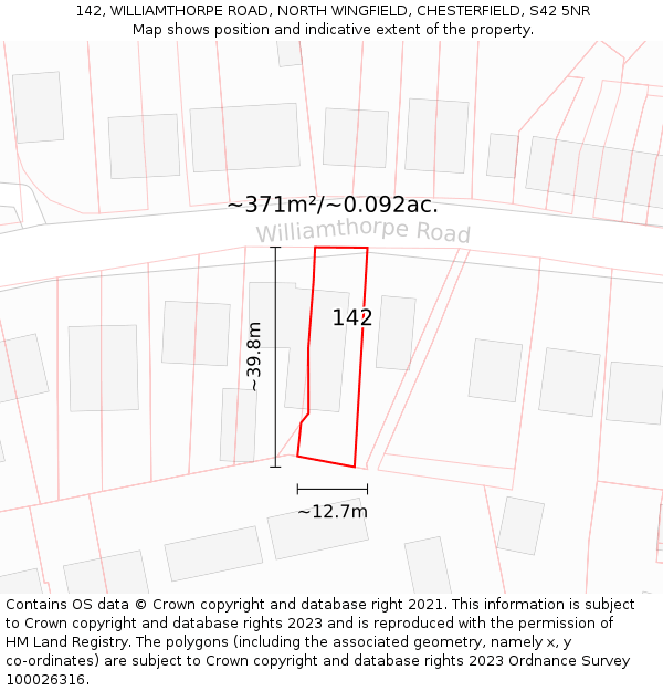 142, WILLIAMTHORPE ROAD, NORTH WINGFIELD, CHESTERFIELD, S42 5NR: Plot and title map