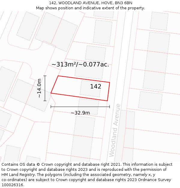 142, WOODLAND AVENUE, HOVE, BN3 6BN: Plot and title map