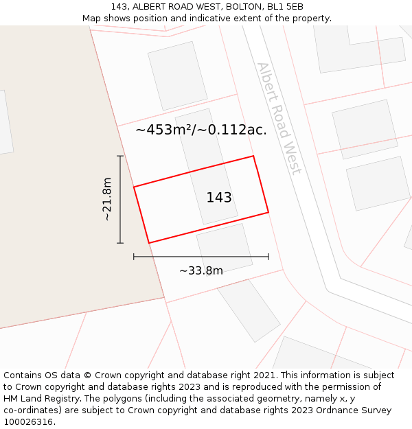 143, ALBERT ROAD WEST, BOLTON, BL1 5EB: Plot and title map