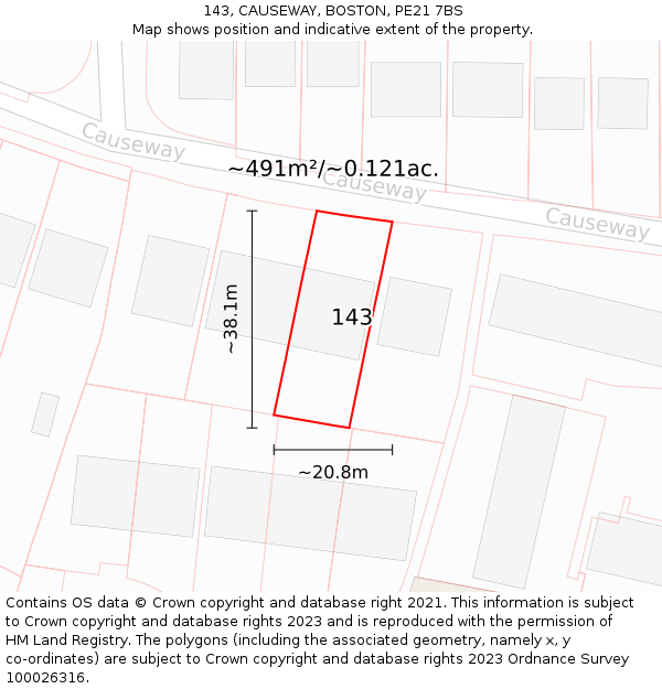 143, CAUSEWAY, BOSTON, PE21 7BS: Plot and title map