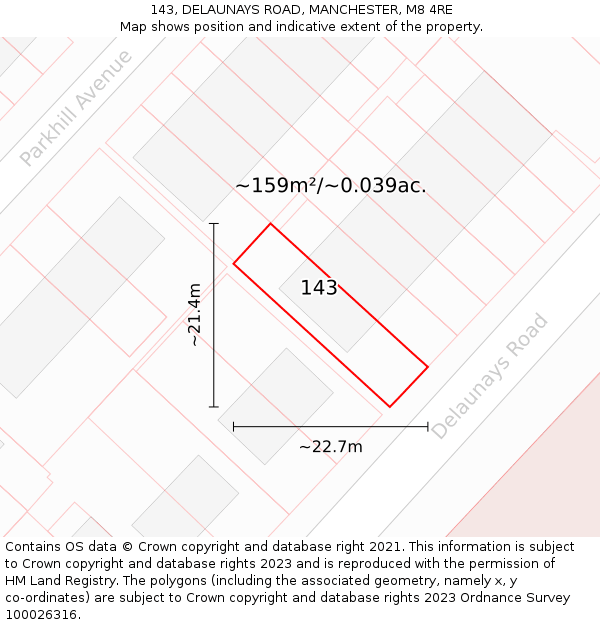 143, DELAUNAYS ROAD, MANCHESTER, M8 4RE: Plot and title map