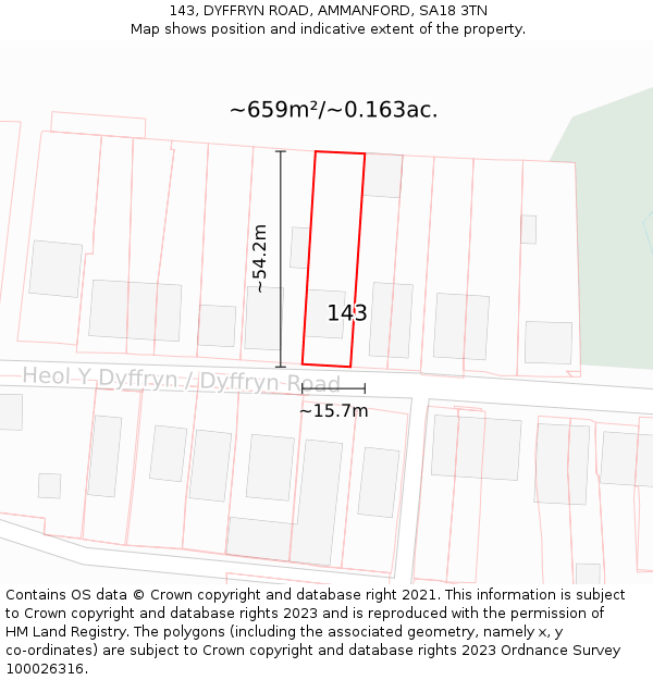 143, DYFFRYN ROAD, AMMANFORD, SA18 3TN: Plot and title map