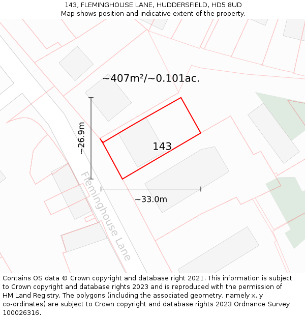 143, FLEMINGHOUSE LANE, HUDDERSFIELD, HD5 8UD: Plot and title map