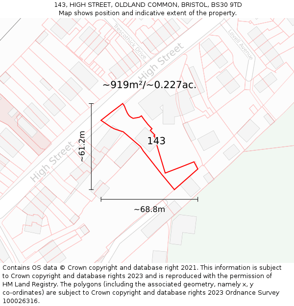143, HIGH STREET, OLDLAND COMMON, BRISTOL, BS30 9TD: Plot and title map