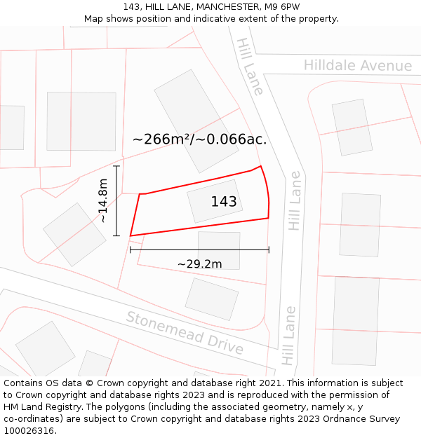 143, HILL LANE, MANCHESTER, M9 6PW: Plot and title map