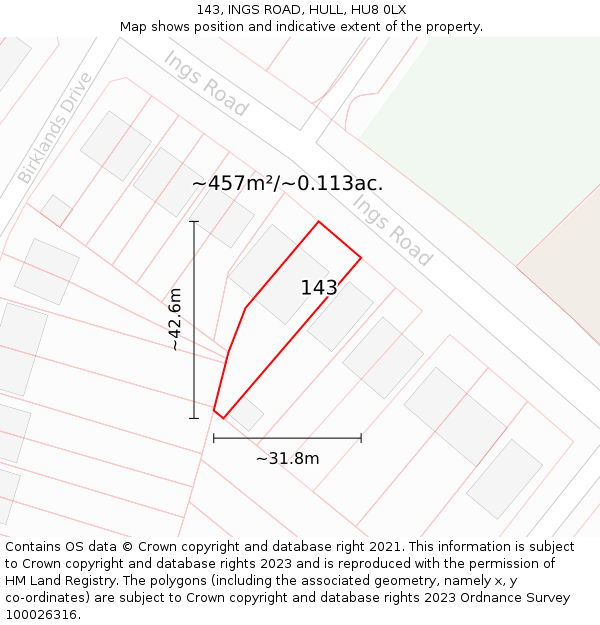 143, INGS ROAD, HULL, HU8 0LX: Plot and title map