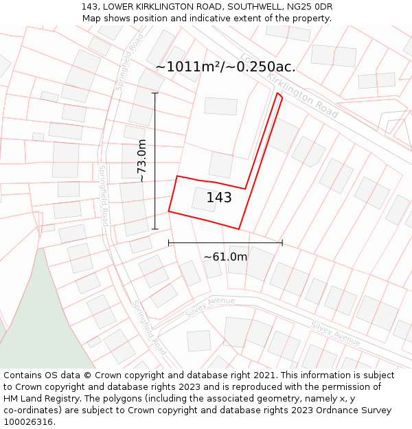 143, LOWER KIRKLINGTON ROAD, SOUTHWELL, NG25 0DR: Plot and title map