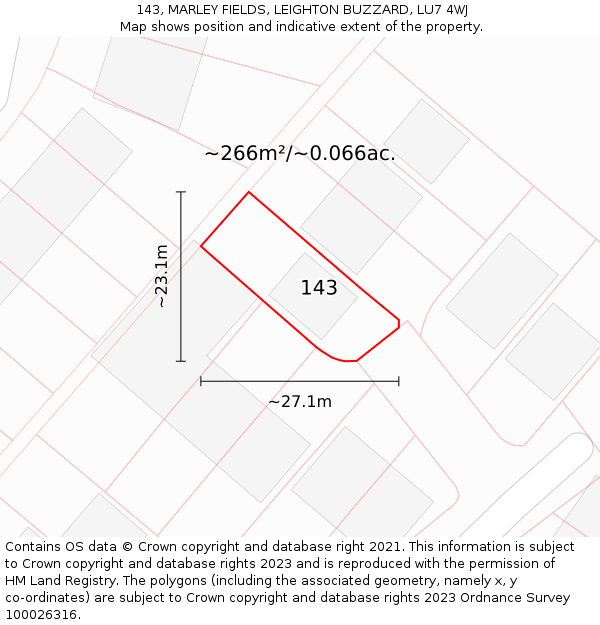 143, MARLEY FIELDS, LEIGHTON BUZZARD, LU7 4WJ: Plot and title map