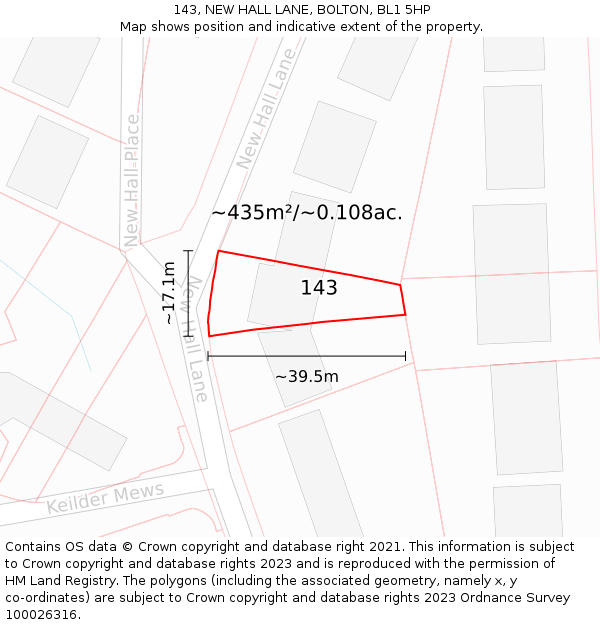 143, NEW HALL LANE, BOLTON, BL1 5HP: Plot and title map