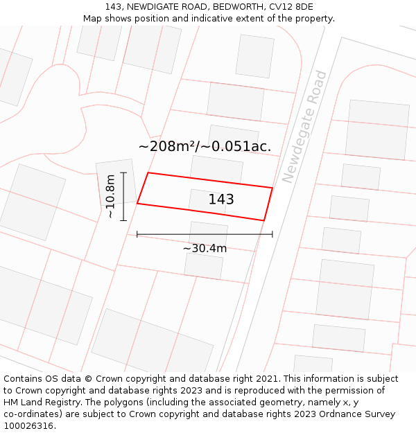 143, NEWDIGATE ROAD, BEDWORTH, CV12 8DE: Plot and title map