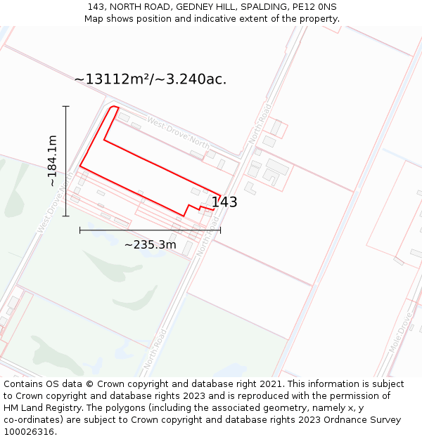 143, NORTH ROAD, GEDNEY HILL, SPALDING, PE12 0NS: Plot and title map