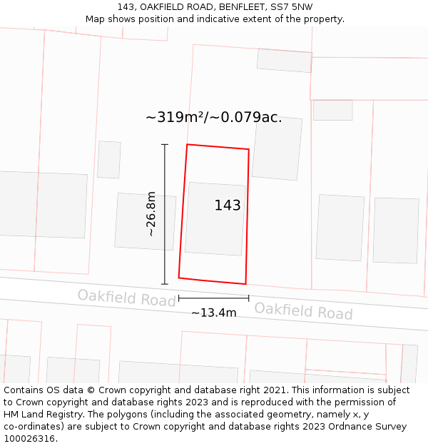 143, OAKFIELD ROAD, BENFLEET, SS7 5NW: Plot and title map