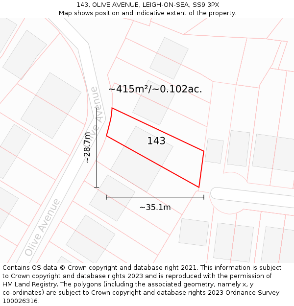 143, OLIVE AVENUE, LEIGH-ON-SEA, SS9 3PX: Plot and title map