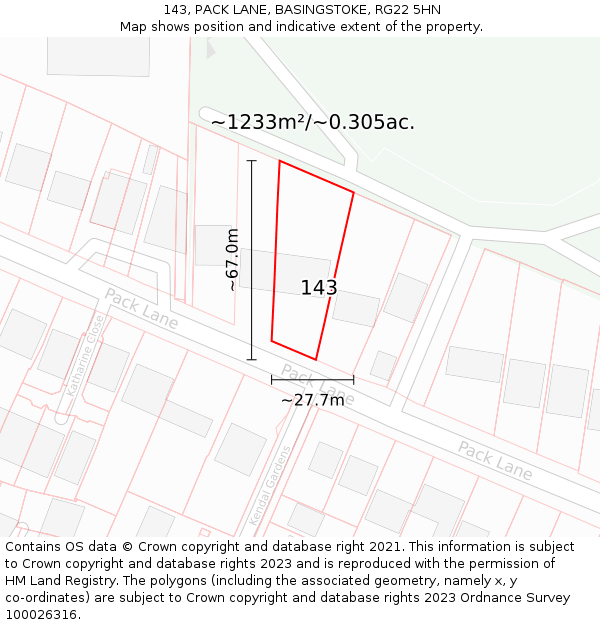 143, PACK LANE, BASINGSTOKE, RG22 5HN: Plot and title map